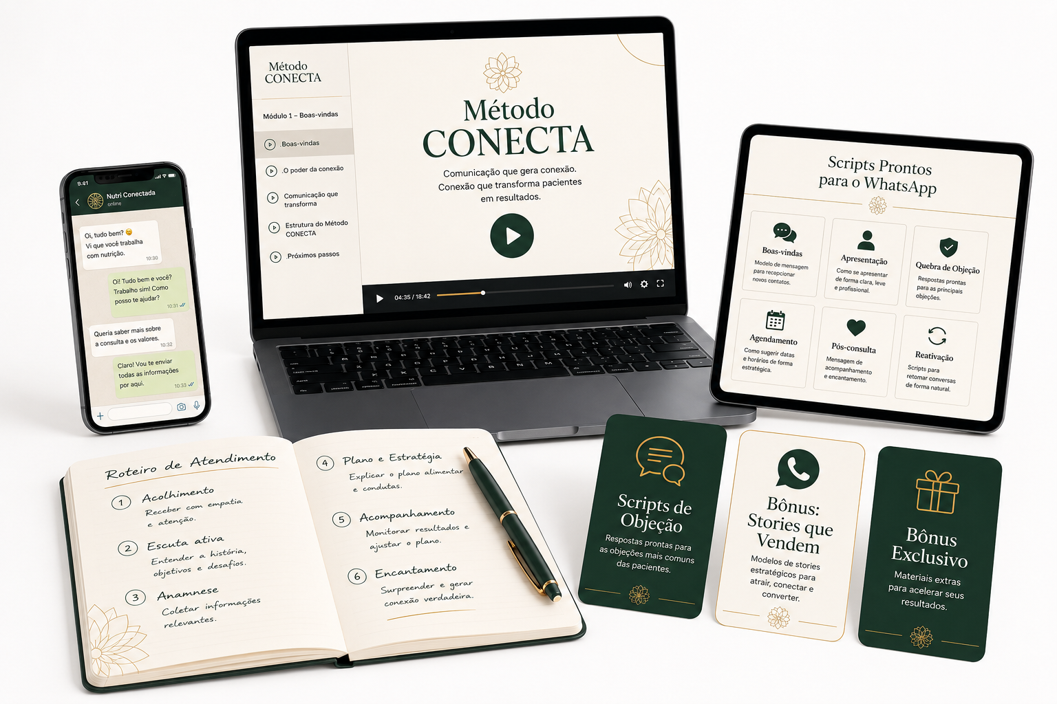 Método CONECTA exibido em notebook, tablet, celular e materiais de apoio
